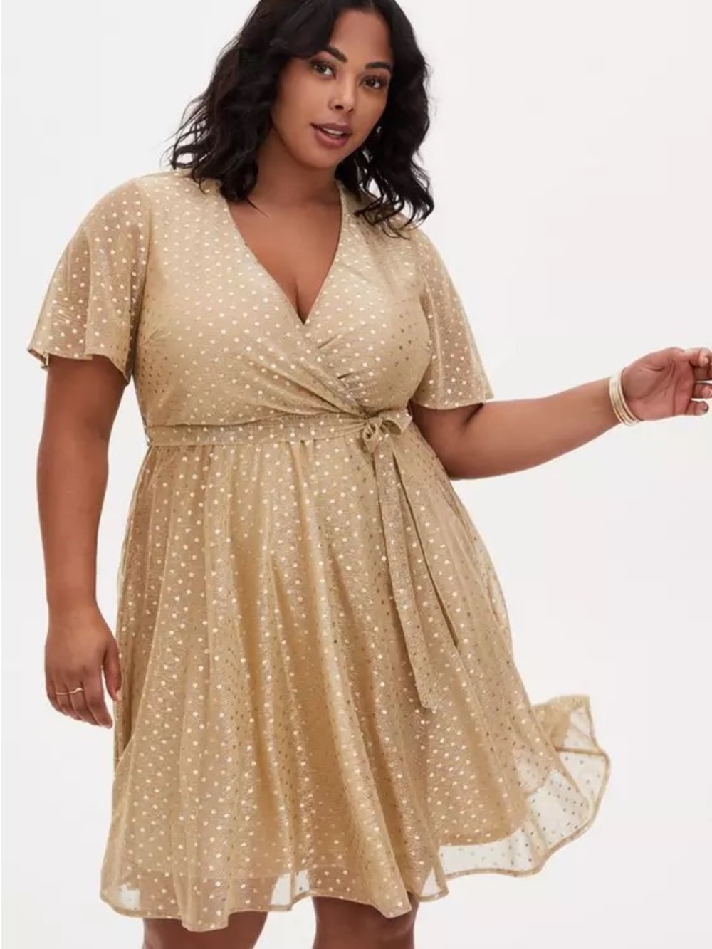 Torrid Metallic Gold Polka Dot Mesh Faux Wrap Dress Size 3x